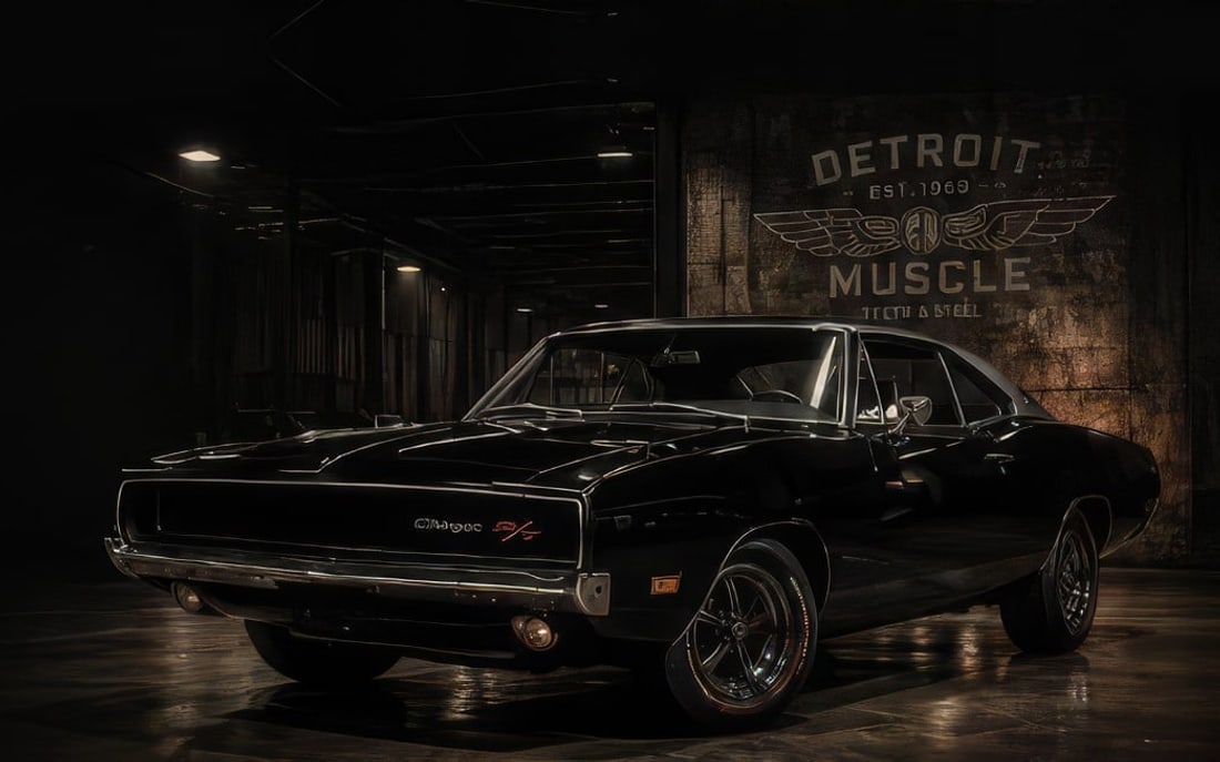 Black Dodge Charger R/T under a warm spotlight in a dark garage